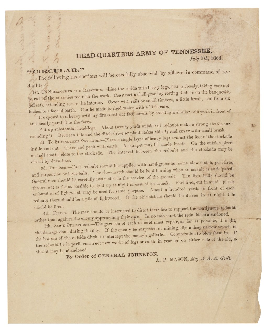 Cirkulære vedrørende konstruktion og befæstning af skanser brugt af Army of Tennessee, 7. juli 1864 af American School