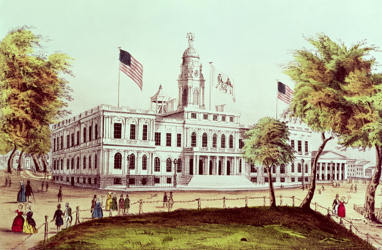 Rådhuset, New York, graveret af Nathaniel Currier (1813-88) af American School