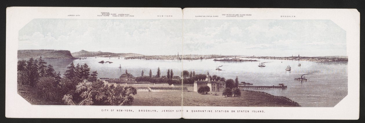 City of New-York, Brooklyn, Jersey City & Quarantine Station på Staten Island, ca. 1850 (farve litho) af American School
