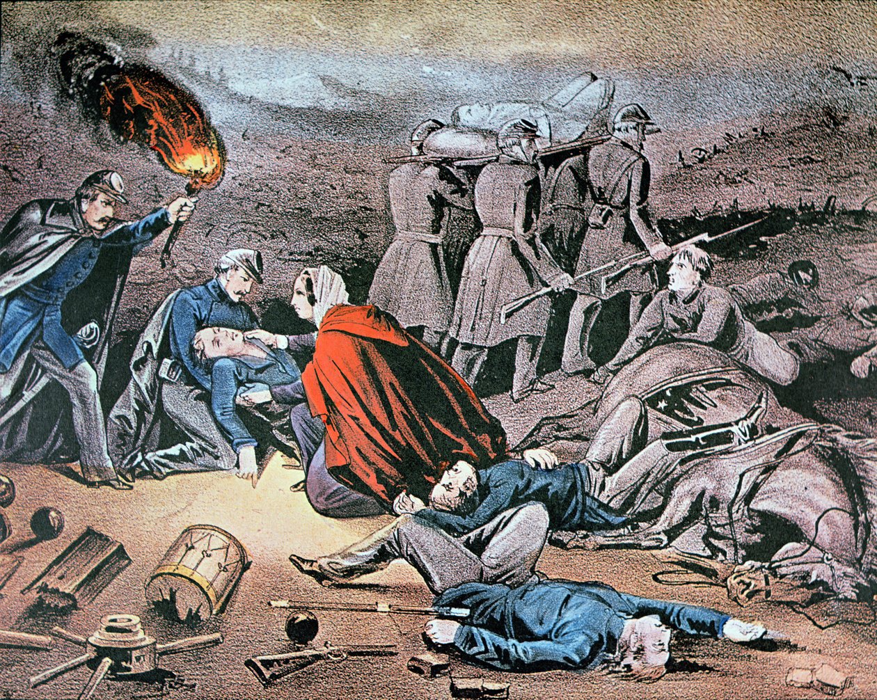 Clara Barton plejede såret under den amerikanske borgerkrig (farve litho) af American School