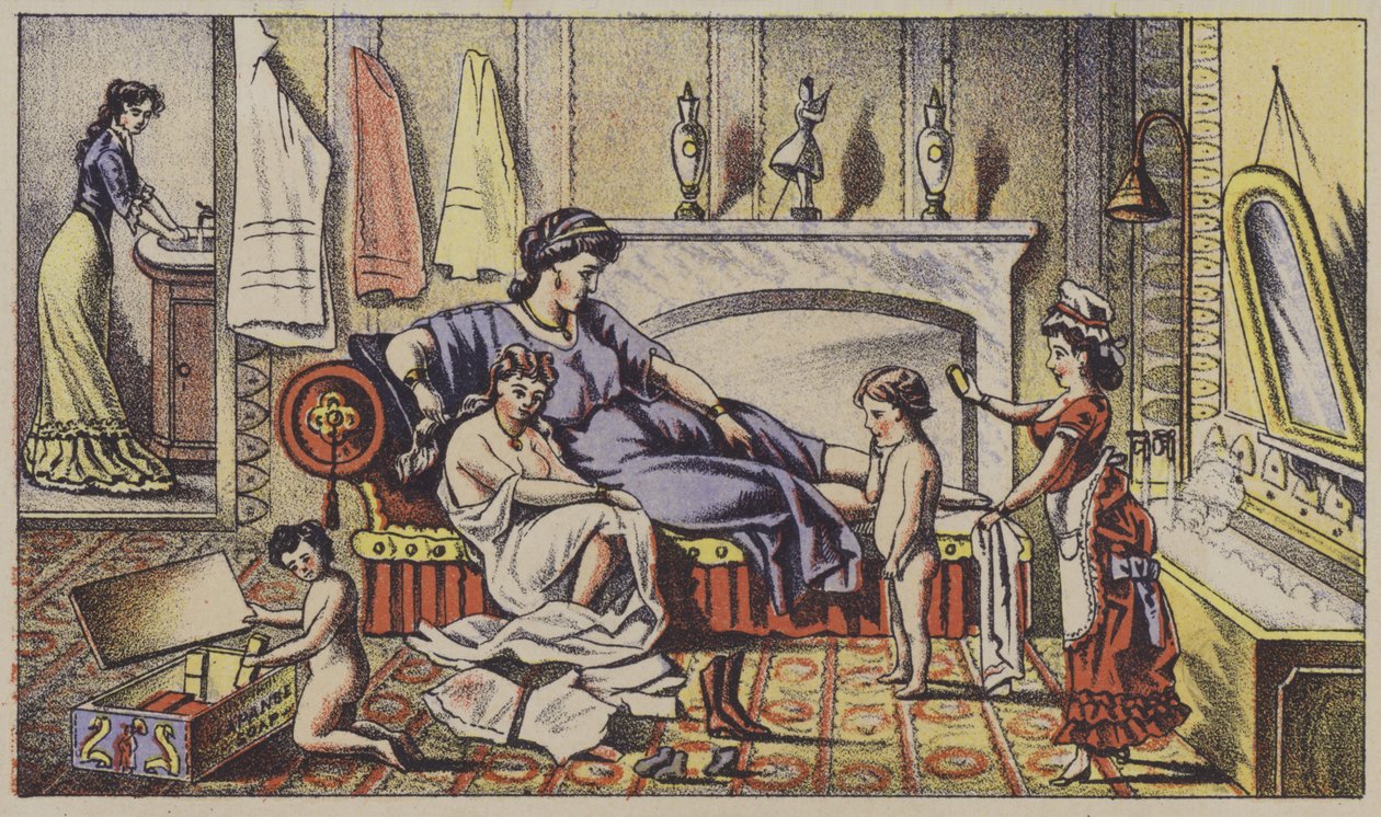 Klassiske figurer i moderne hjem, reklamesæbe (chromolitho) af American School