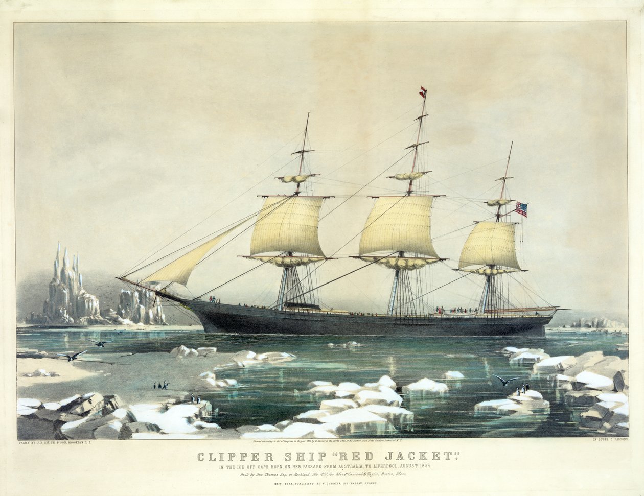 Clipper Ship Red Jacket i isen ud for Kap Horn, på sin passage fra Australien til Liverpool, august 1854, pub. N. Currier, 1855 af American School