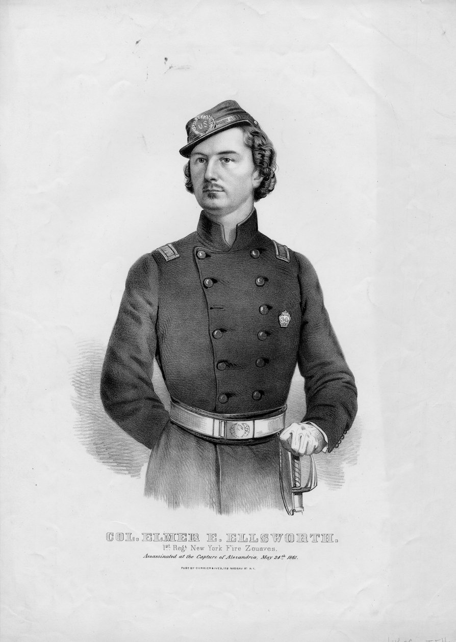 Oberst Elmer E. Ellsworth: 1. Regt. New York Fire Zouaves, pub. af Currier & Ives, ca. 1862 af American School