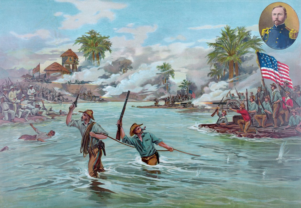 Oberst A.S. Funston and 20th Kansas Volunteers Crossing the River at Calumpit, 26. april 1899, pub. 1899 (farve medlemmer) af American School
