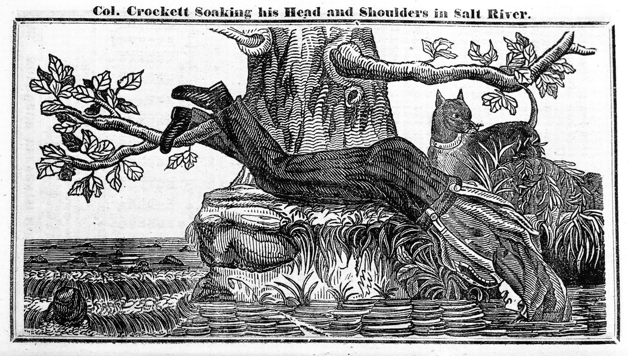 Oberst Davy Crockett gennembløder hovedet og skuldrene i Salt River, fra Crocketts Almanac, 1837 (avispapir) af American School
