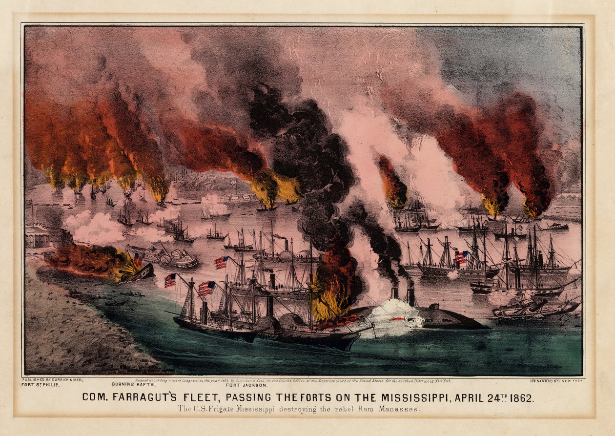 Com. Farraguts flåde, der passerer forterne på Mississippi, 24. april 1862, pub. af Currier & Ives, 1862 af American School