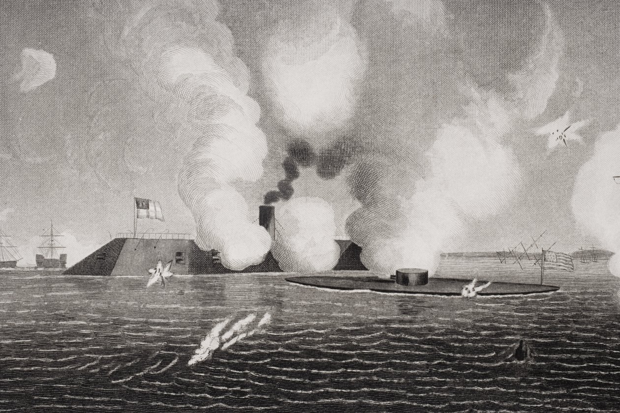 Kamp mellem det konfødererede CSS Virginia (venstre) og Union USS Monitor (højre) den 9. marts 1862 ved Hampton Roads, Virginia (detalje af 254608) af American School