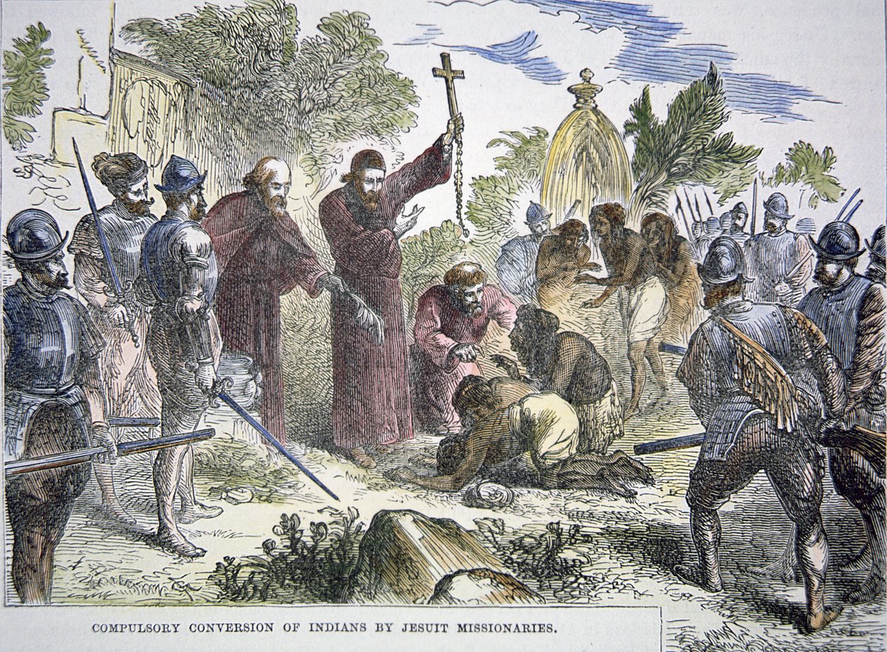 Obligatorisk konvertering af indianere til kristendommen af spanske jesuitiske missionærer i det 16. århundrede (farve litho) af American School