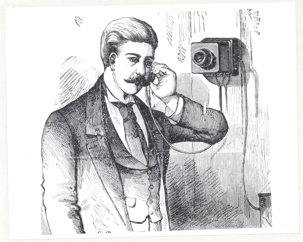 Kondensatortelefon i brug, fra The Electric Telephone af George Bartlett Prescott (f.1830), 1890 af American School