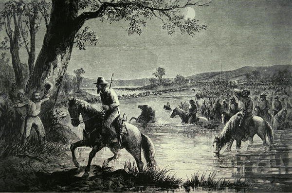 Konfødererede hær krydser Fords of Potomac River under invasionen af Maryland i 1862 (litho) af American School