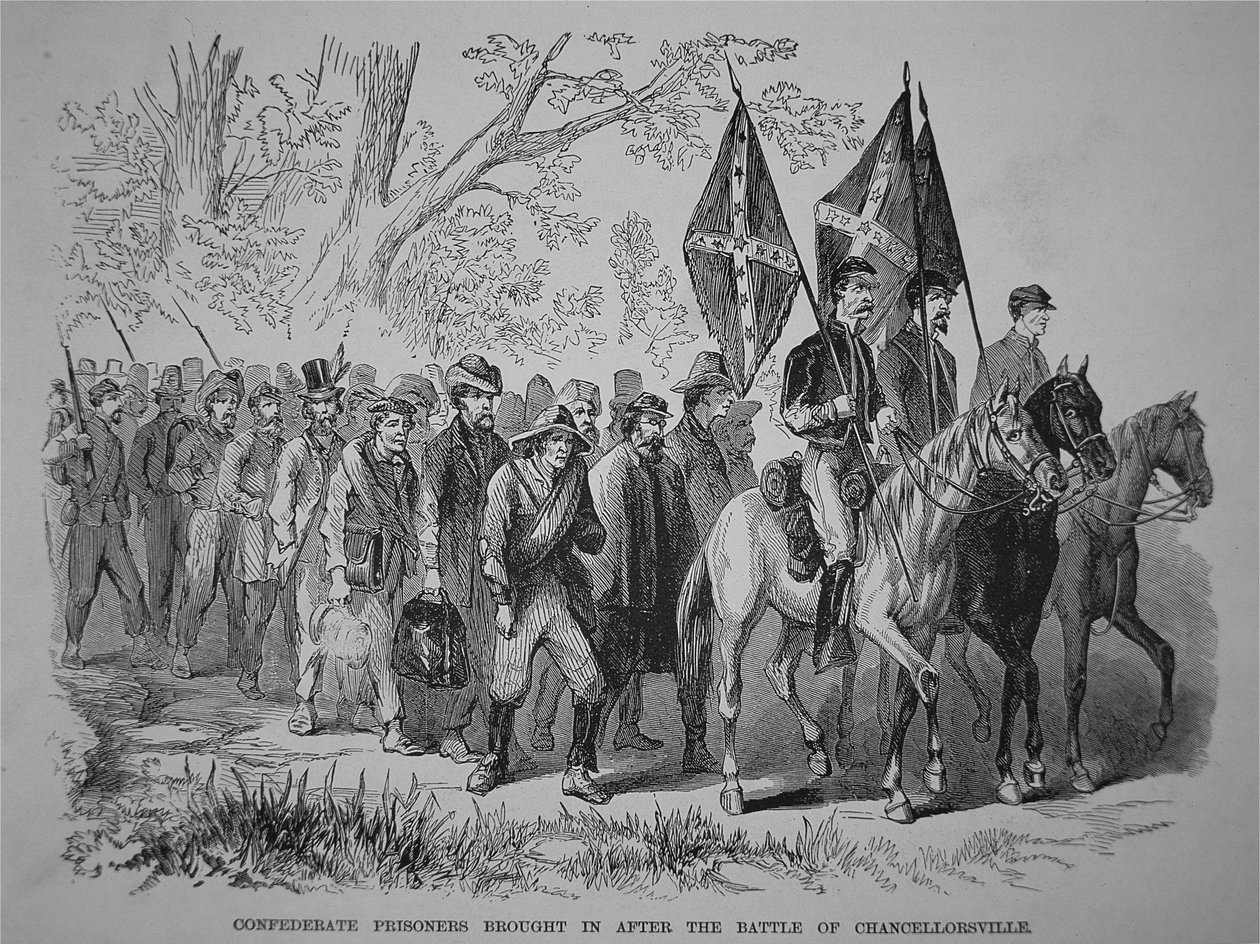 Konfødererede fanger bragt ind efter slaget ved Chancellorsville (litho) af American School
