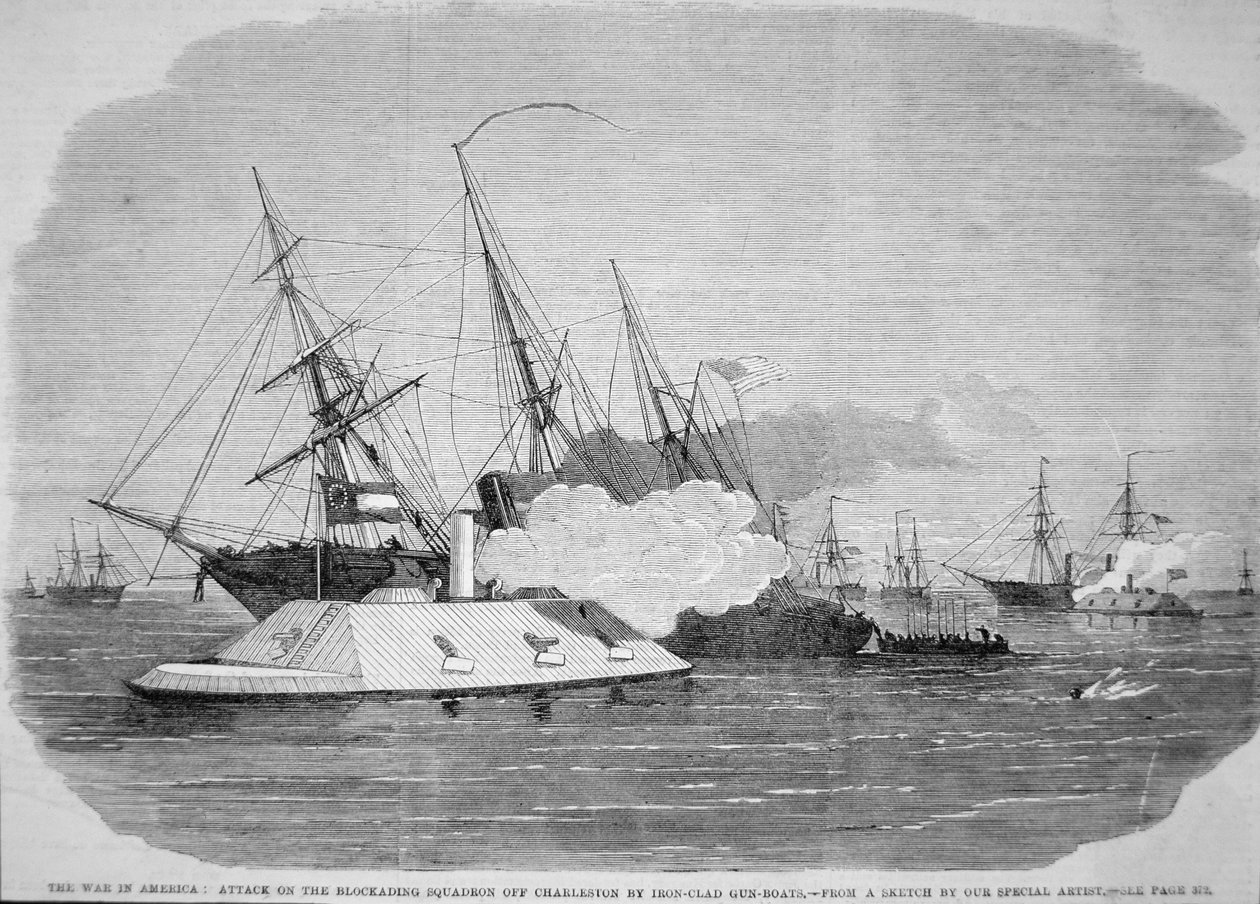Konfødererede jernbeklædte angriber den føderale blokadeeskadron ud for Charleston, 4. april 1863 (litho) af American School