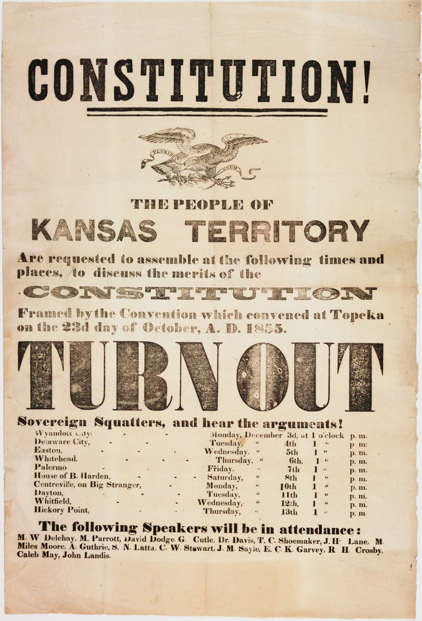 Forfatning! Befolkningen i Kansas-territoriet anmodes om at samles..., trykt af E. C. K. Garvey & Co., ca. 23. oktober 1855 af American School