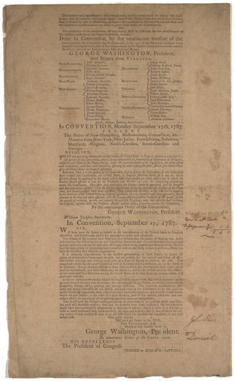 Konstitution, første tryk, trykt af Dunlap & Claypoole, 17.-19. september 1787 (se også GLC 695933, GLC 695934 & GLC 695935) af American School