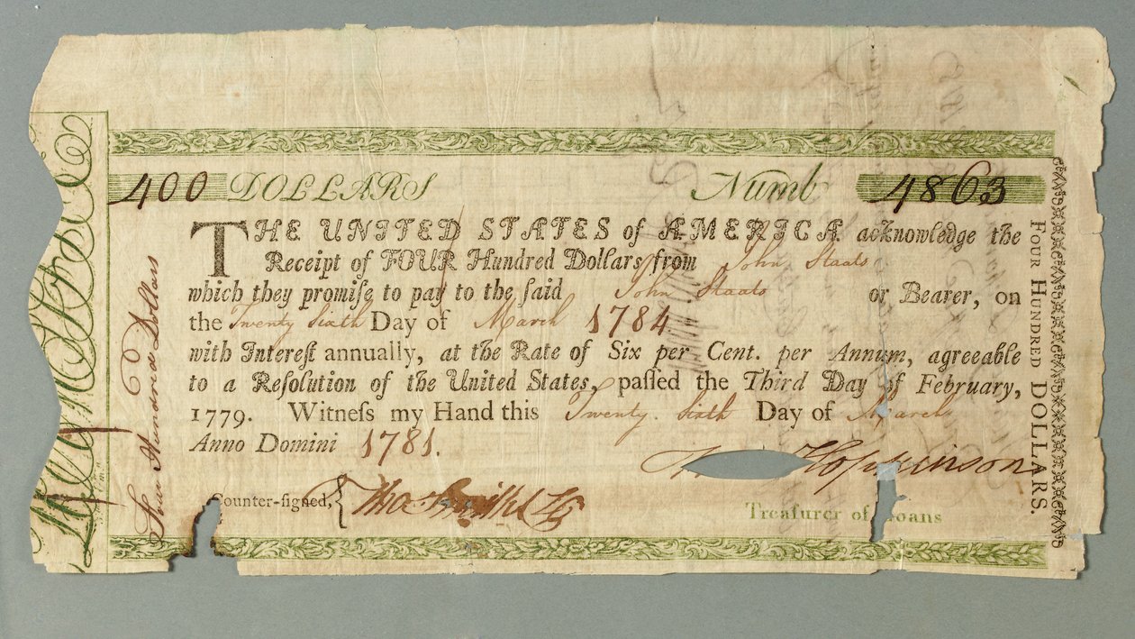 Continental Loan Office Certificate number 4863 signed by Treasurer Francis Hopkinson, 26 March 1781dani af American School