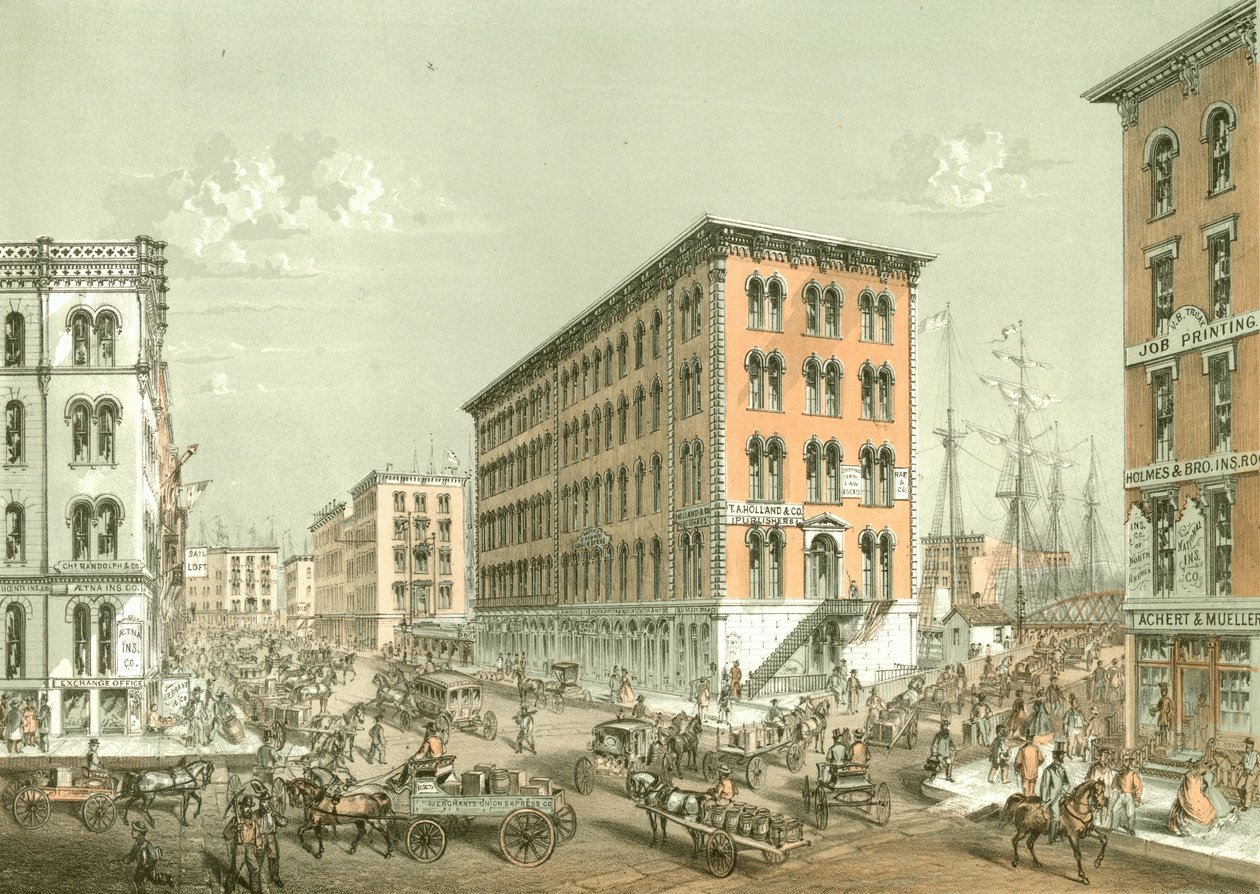 Corner of Clark and South Water Street, fra Chicago Illustrated, med litterære beskrivelser af James W. Sheahan, udgivet af Jevne & Almini, Chicago, 1866-67 af American School