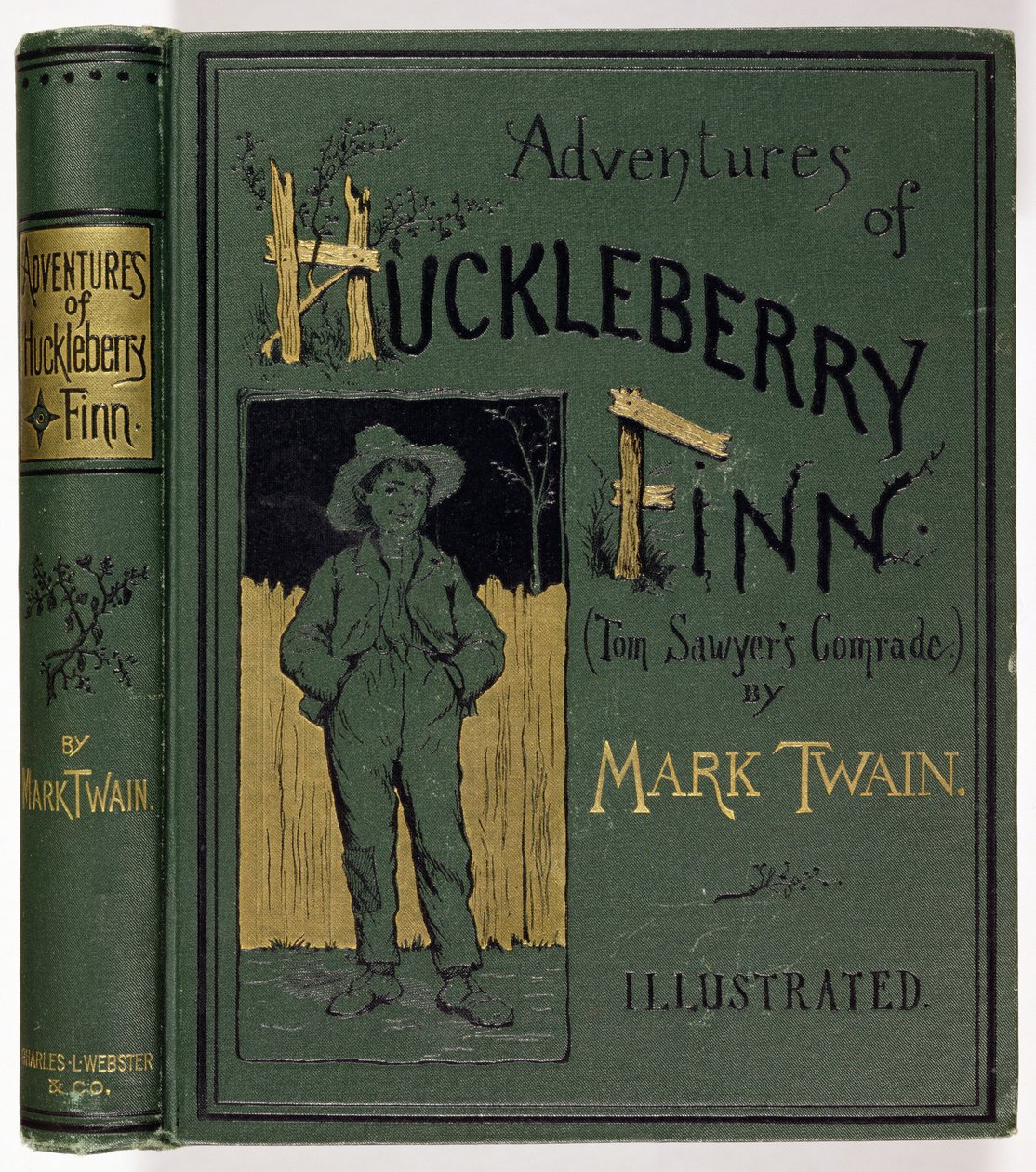 Forside til Adventures of Huckleberry Finn af Mark Twain (1835-1910) første amerikanske udgave, udgivet af Charles L. Webster, 1885 (guldpræget stof) af American School