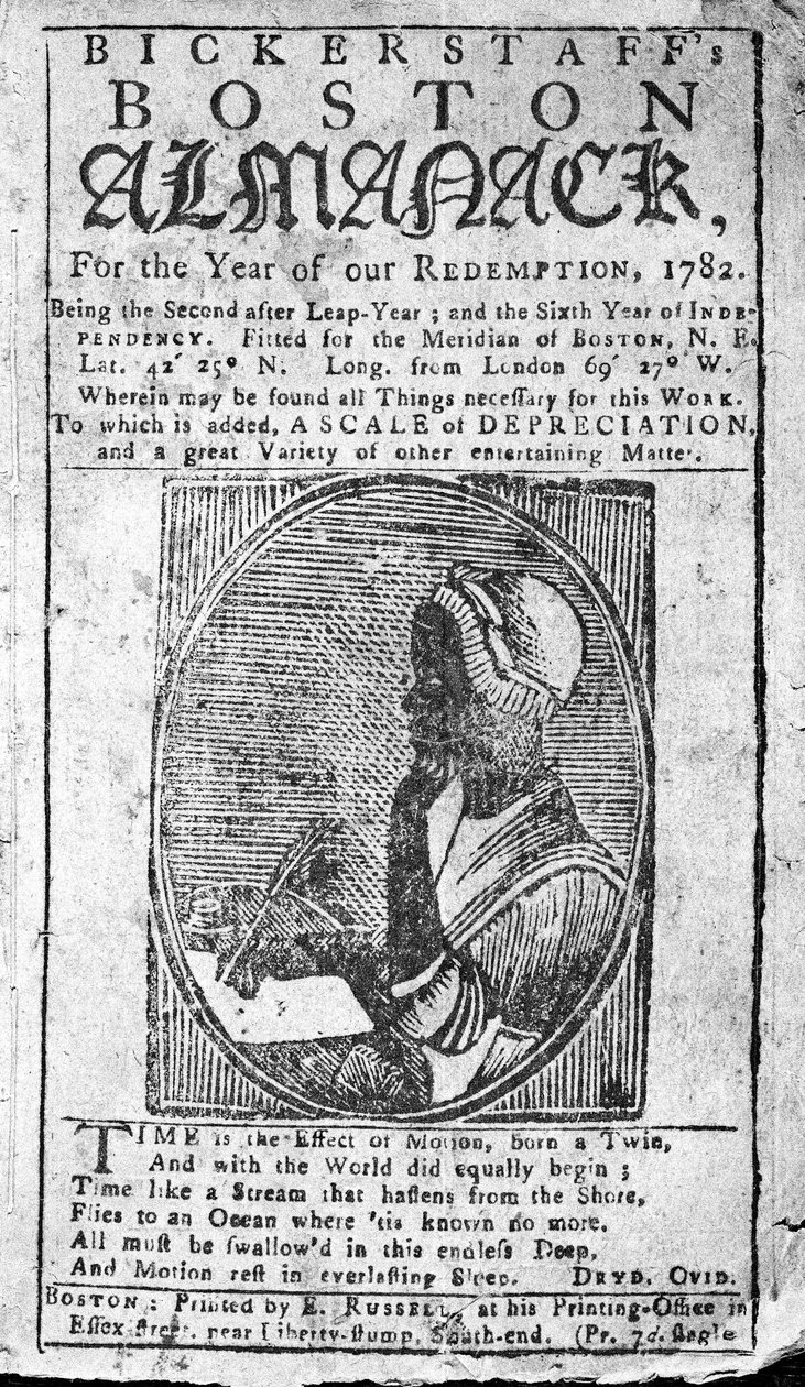 Forside af Bickerstaffs Boston Almanack med et portræt af Phillis Wheatley (1753-84) udgivet 1782 (tryk) af American School