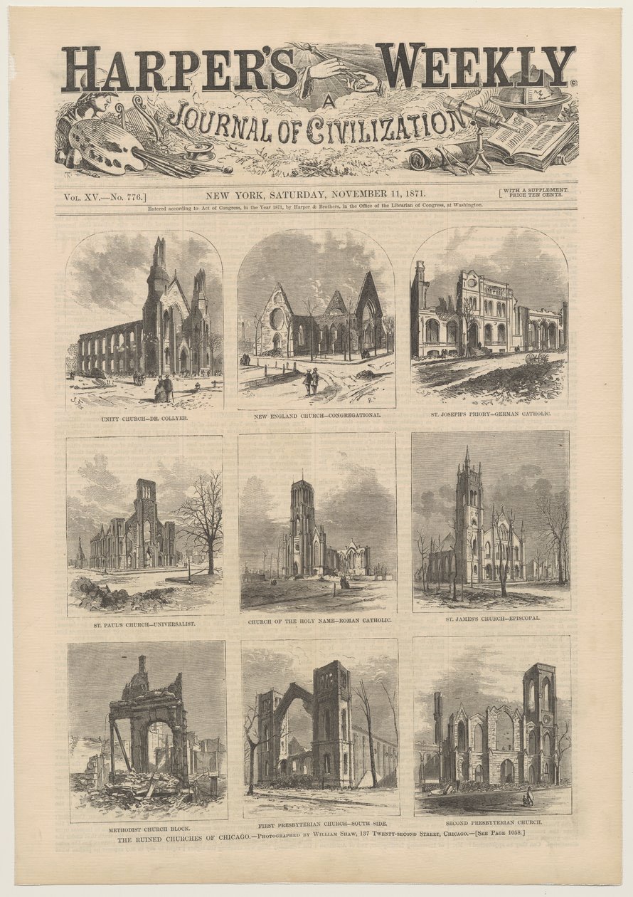 Cover af Harpers Weekly viser scener af de ødelagte kirker i Chicago, 11. november 1871 af American School