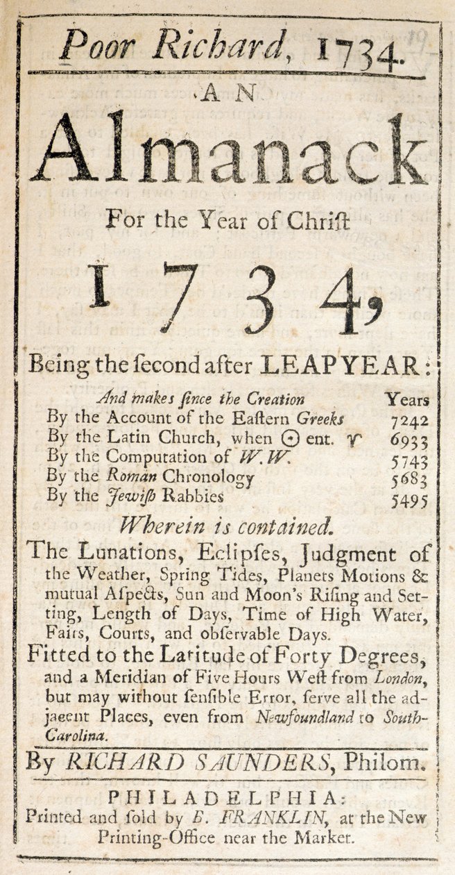 Forside af Poor Richard, an Almanack, 1734 (tryk) af American School