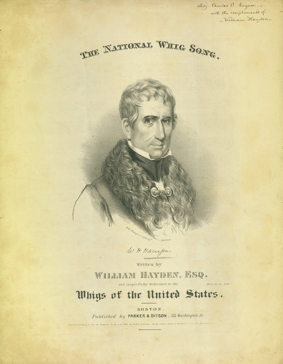 Omslag til ark The National Whig Song, af William Hayden, udgivet af Parker & Diston, Boston, 1840 af American School