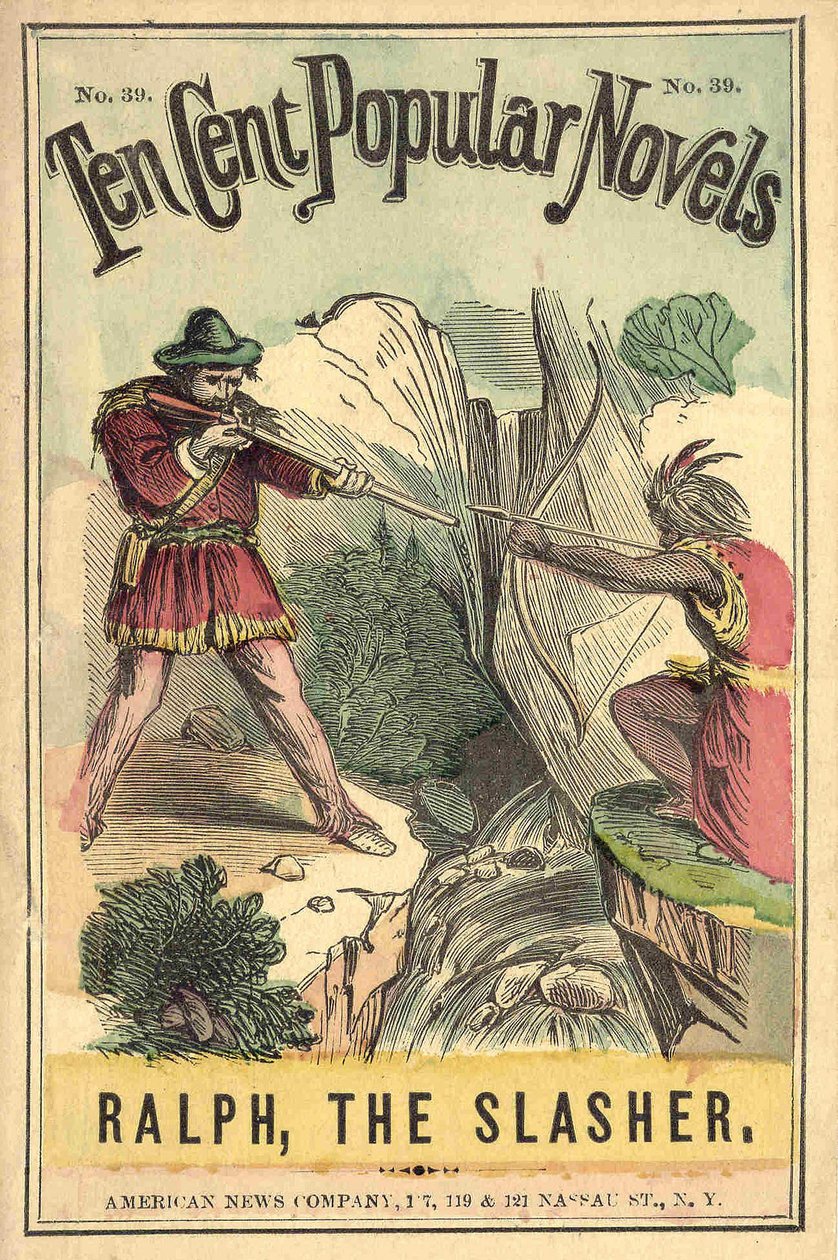 Omslag til bogen "Ten cent popular novels - Ralph, the Slasher", nr. 39. American News Company. En indisk og en hvid duel. Brændende sd. begyndelsen af det 20. århundrede. af American School