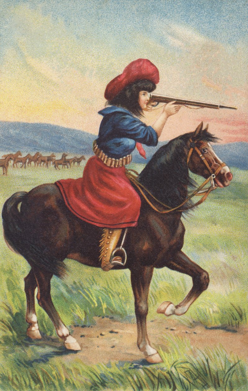 Cowgirl på hesteryg, der sigter med en riffel (chromolitho) af American School
