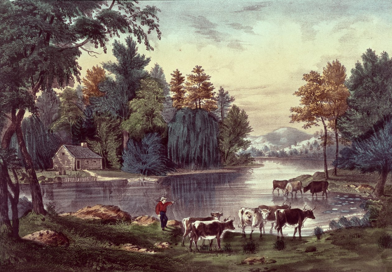 Cows on the Shore of a Lake, udgivet af Nathaniel Currier (1813-88) og James Merritt Ives (1823-95) (farve litho) af American School