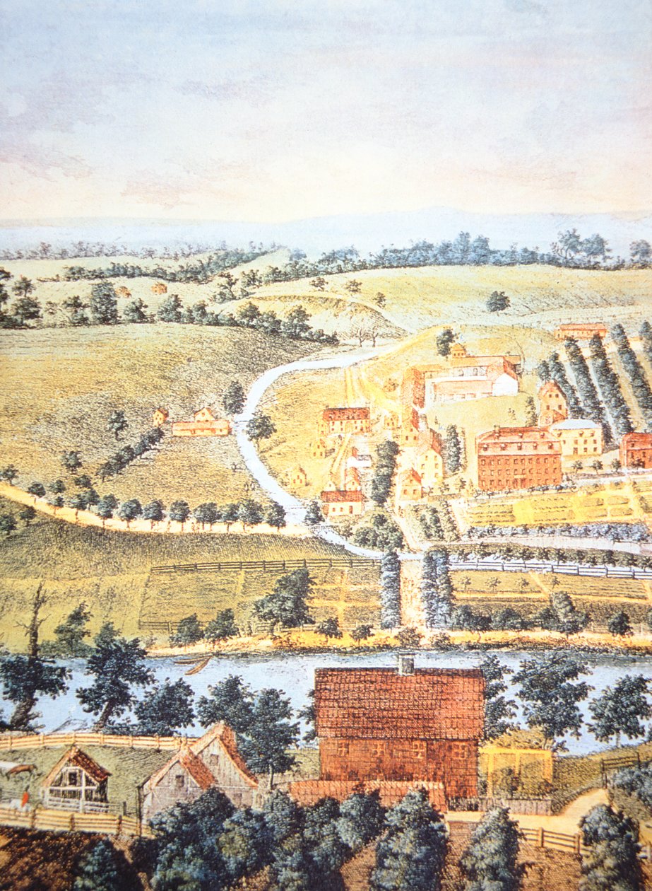 Opdyrket landbrugsland i Pennsylvania i 1750 (farve litho) af American School