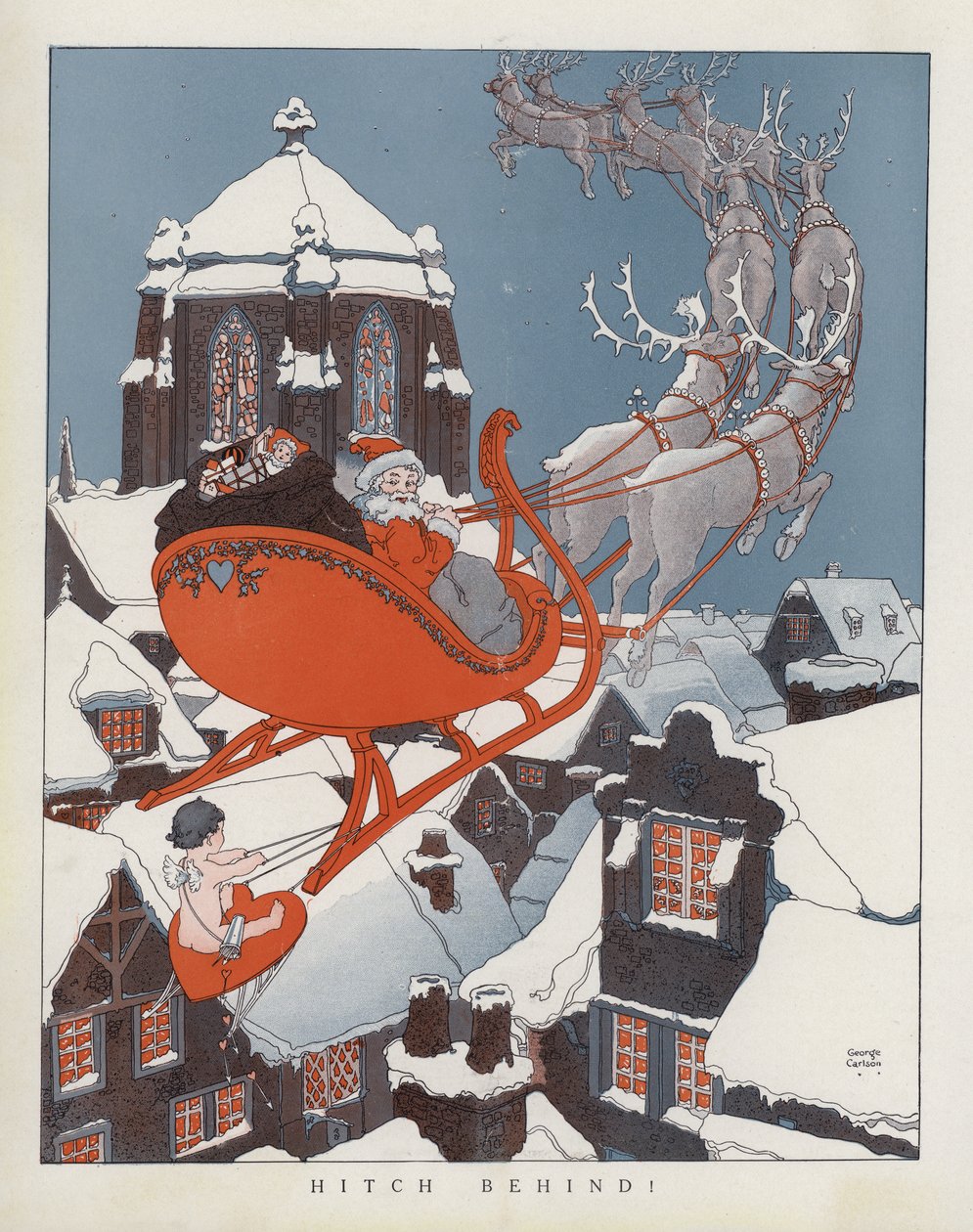 Amor blaffer på julemandens kane (farvelitografi) af American School