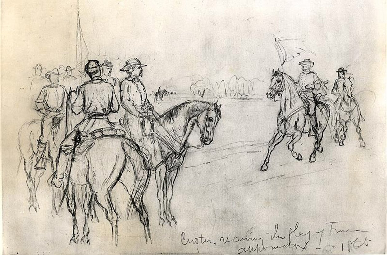 Custer modtager Frihedens Flag, Appomattox, 1865 af American School