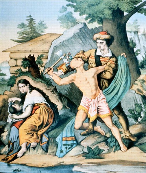Daniel Boone (1734-1820) forsvarer sin familie mod indiske angreb af American School