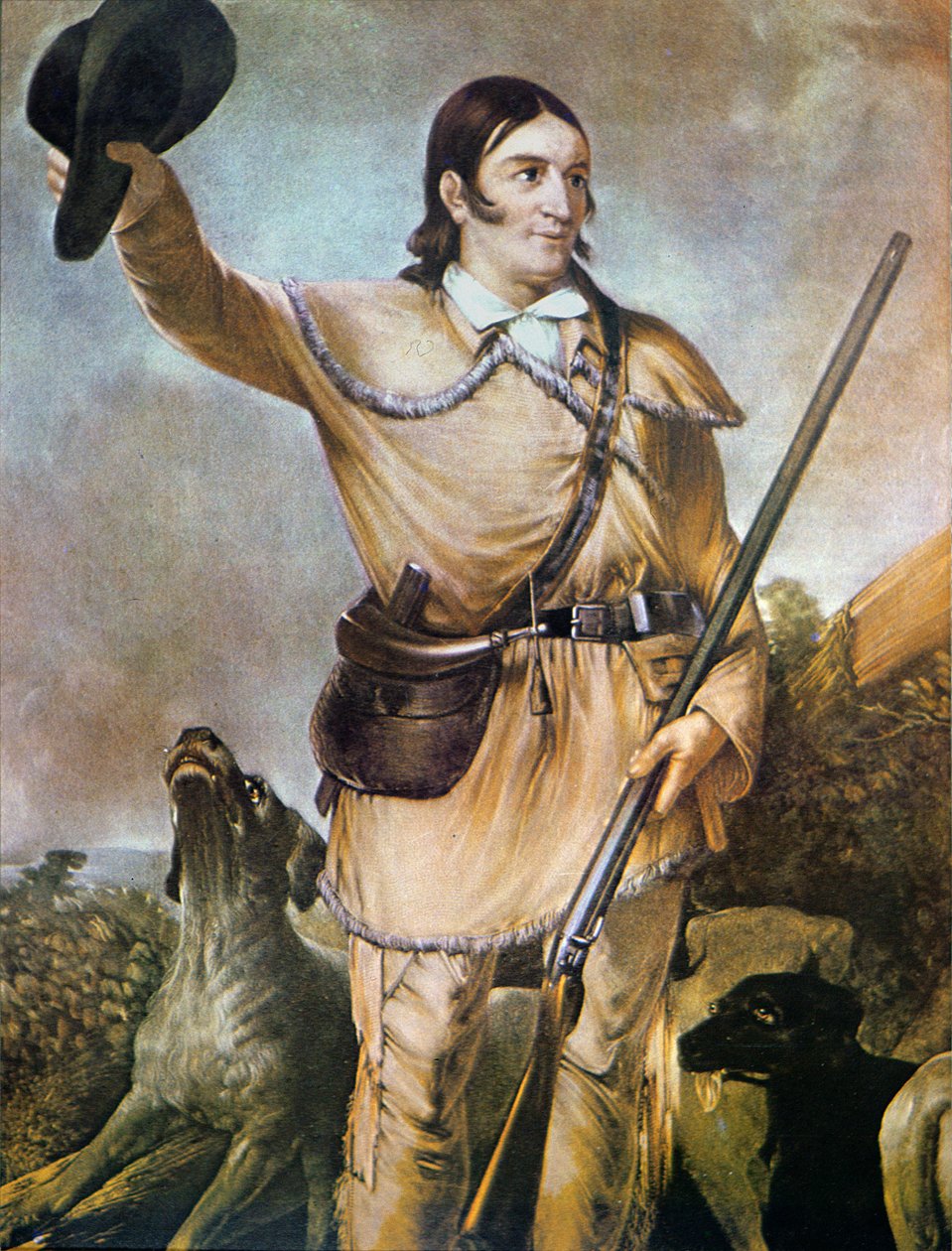 David (Davy) Crockett (1786-1836) med sine jagthunde i 1836 (farve litho) af American School