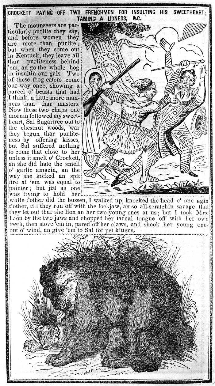 Davy Crockett betaler to franskmænd for at fornærme sin kæreste, tæmme en løvinne osv., illustration fra Crocketts Almanack af American School