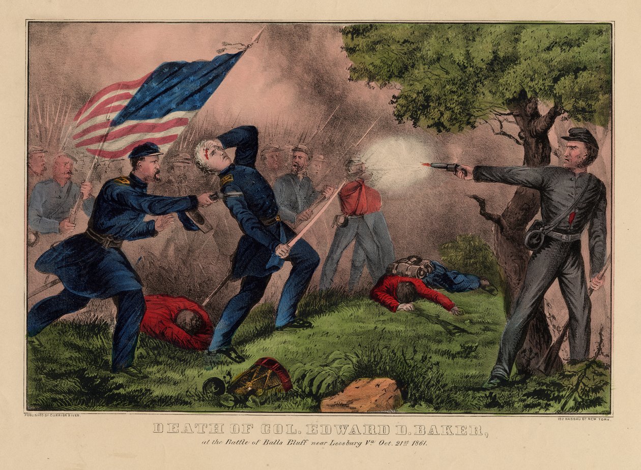 Oberst Edward D. Bakers død ved Battle of Balls Bluff nær Leesburg VA, 21. oktober 1861, pub. af Currier & Ives, ca. 1861 af American School