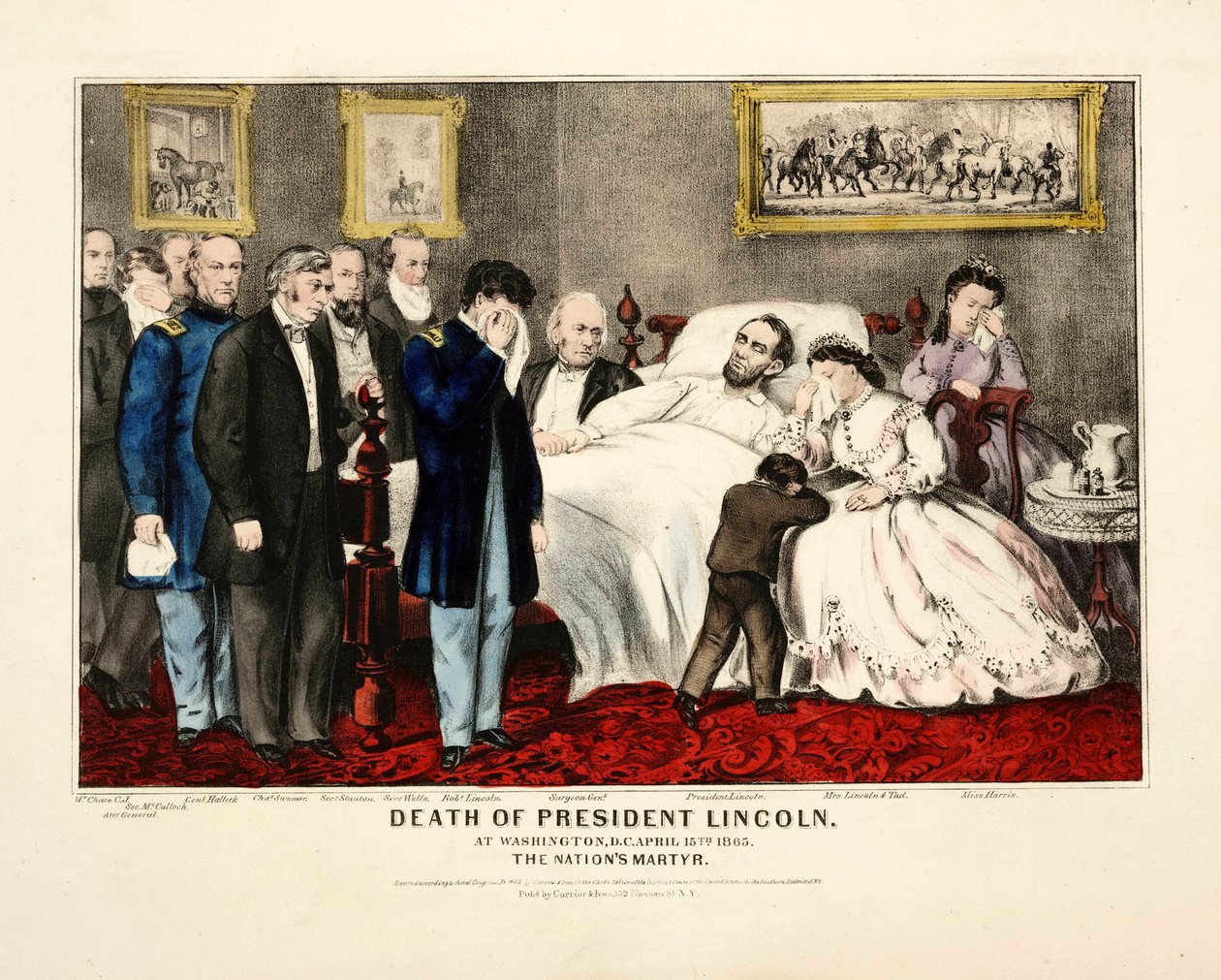 Præsident Lincolns død i Washington, DC, den 15. april 1865, pub. 1865 farvelitografi af American School