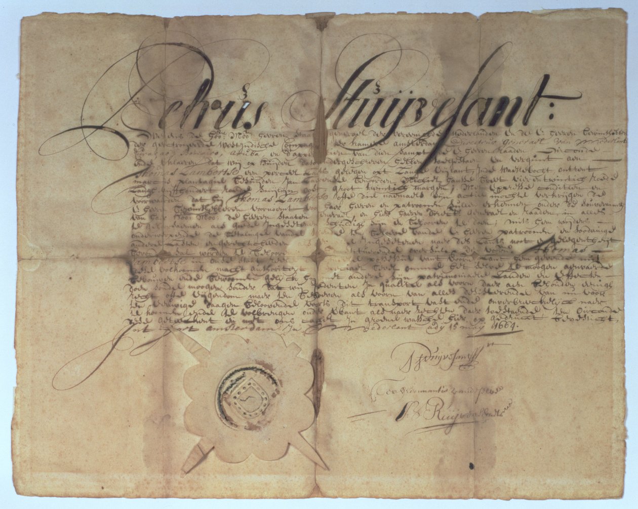 Skøde underskrevet af Peter Stuyvesant, generaldirektør for New Netherland, 15. maj 1664 af American School