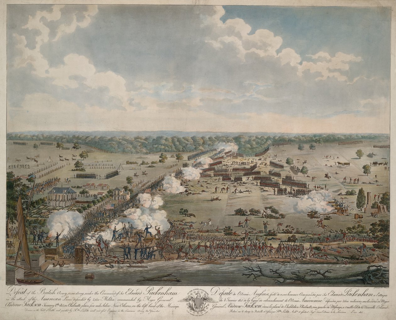 Nederlag for den britiske hær (Slaget ved New Orleans), pub. 1815 (håndfarvet gravering) af American School