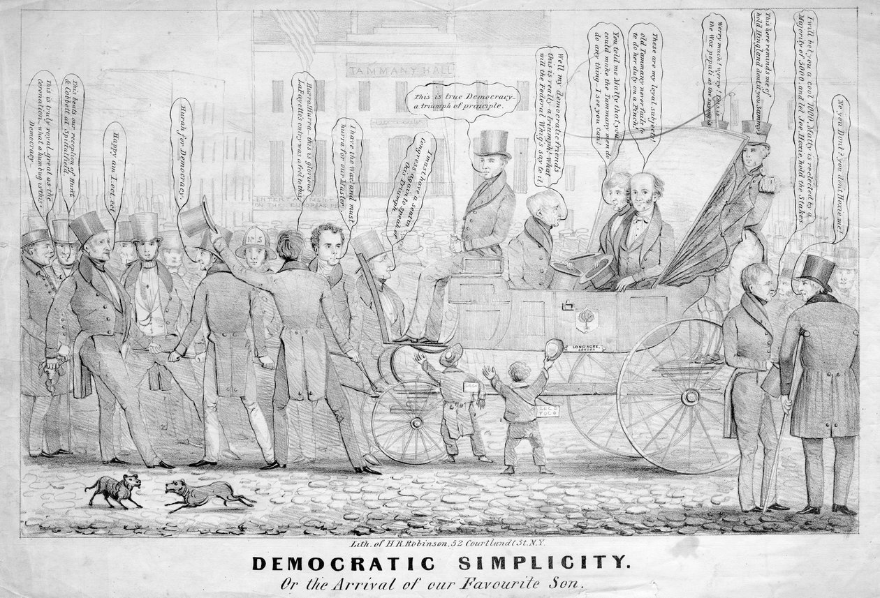 Demokratisk enkelhed, eller ankomsten af vores yndlingssøn, udgivet af H R Robinson, New York, ca. 1839 af American School
