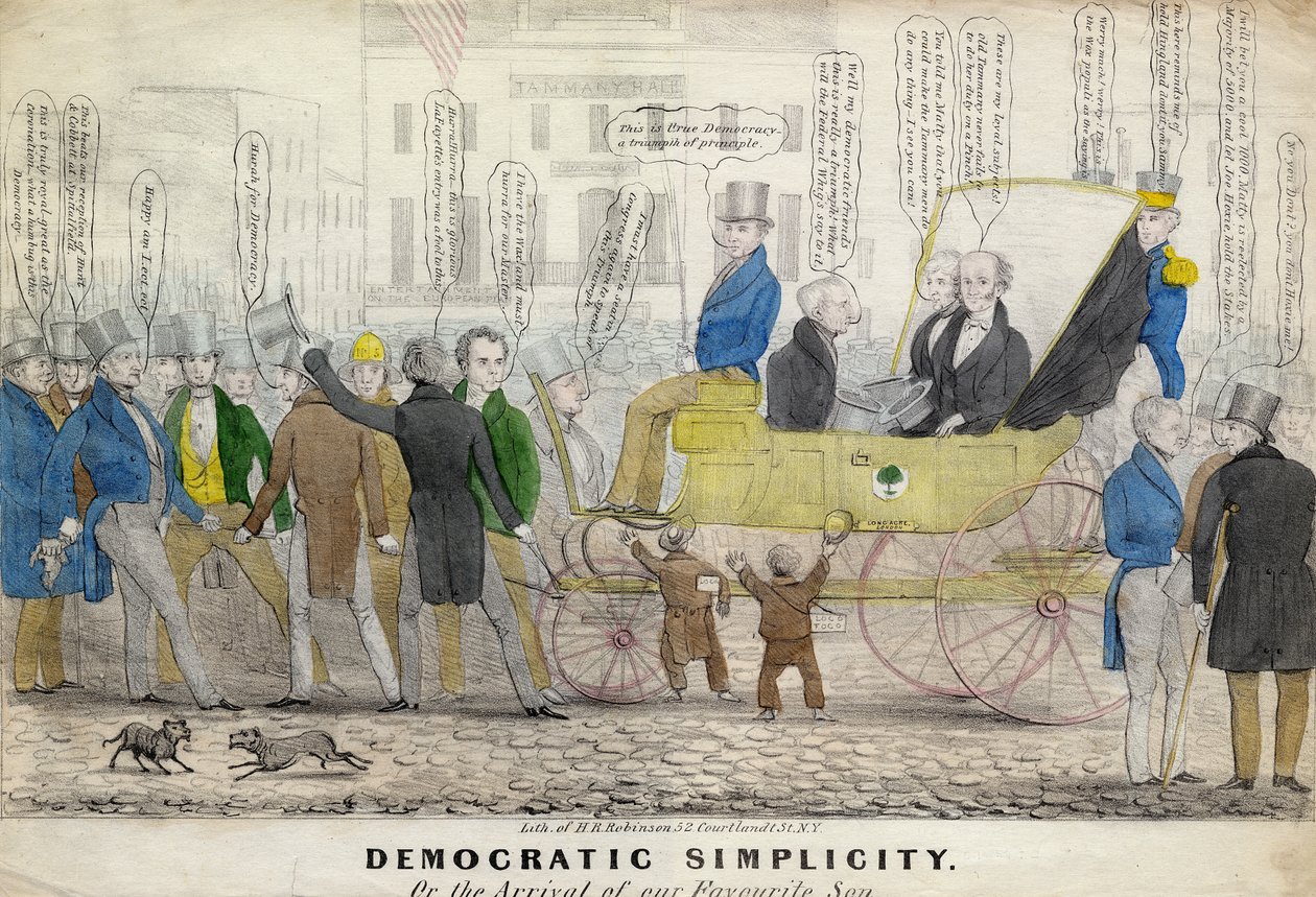 Demokratisk enkelhed, eller ankomsten af vores yndlingssøn, udgivet af H R Robinson, New York, ca. 1839 af American School