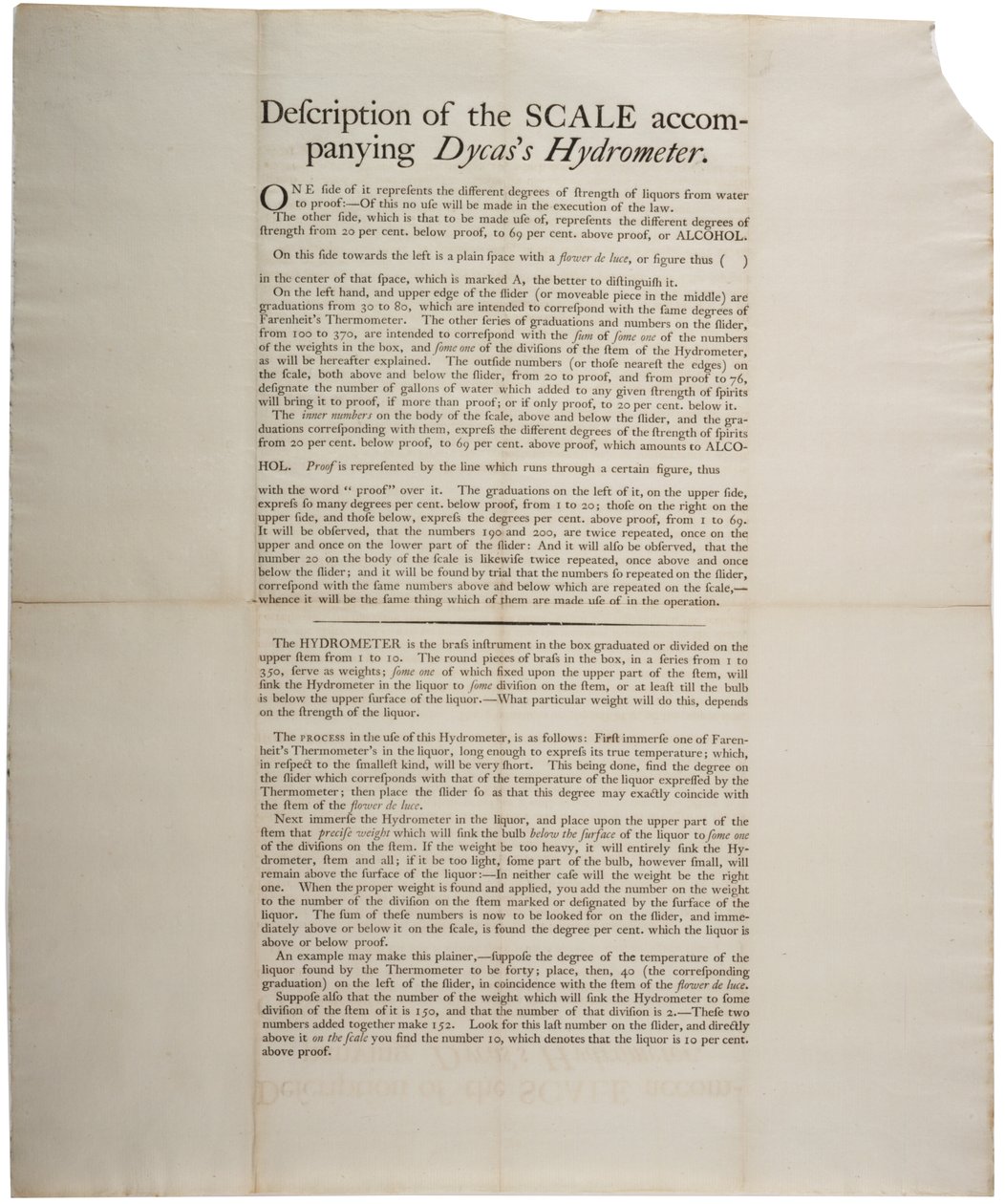 Beskrivelse af skalaen for medfølgende Dycass Hydrometer, 1790 af American School