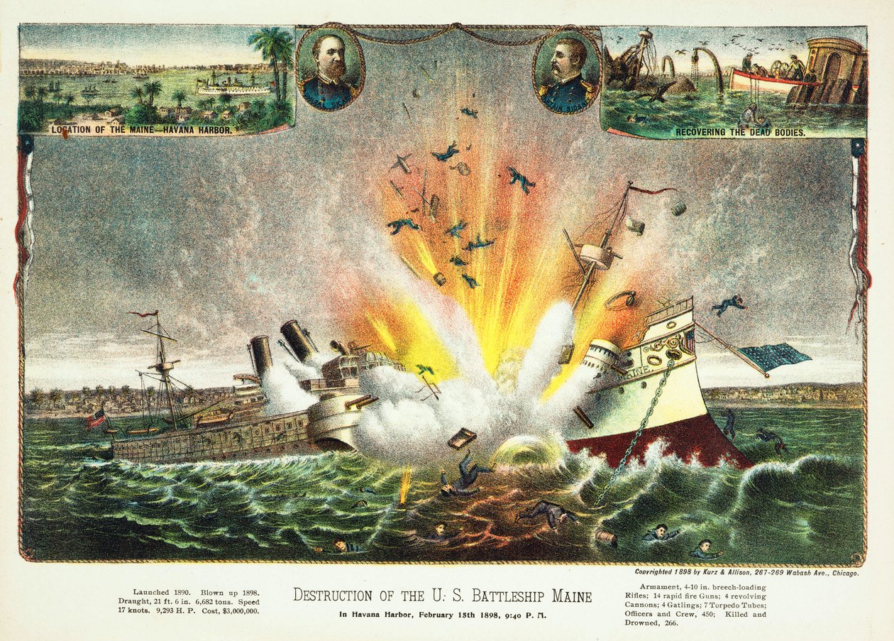Ødelæggelse af det amerikanske slagskib Maine i Havana Havn 15. februar 1898, pub.1898 af American School