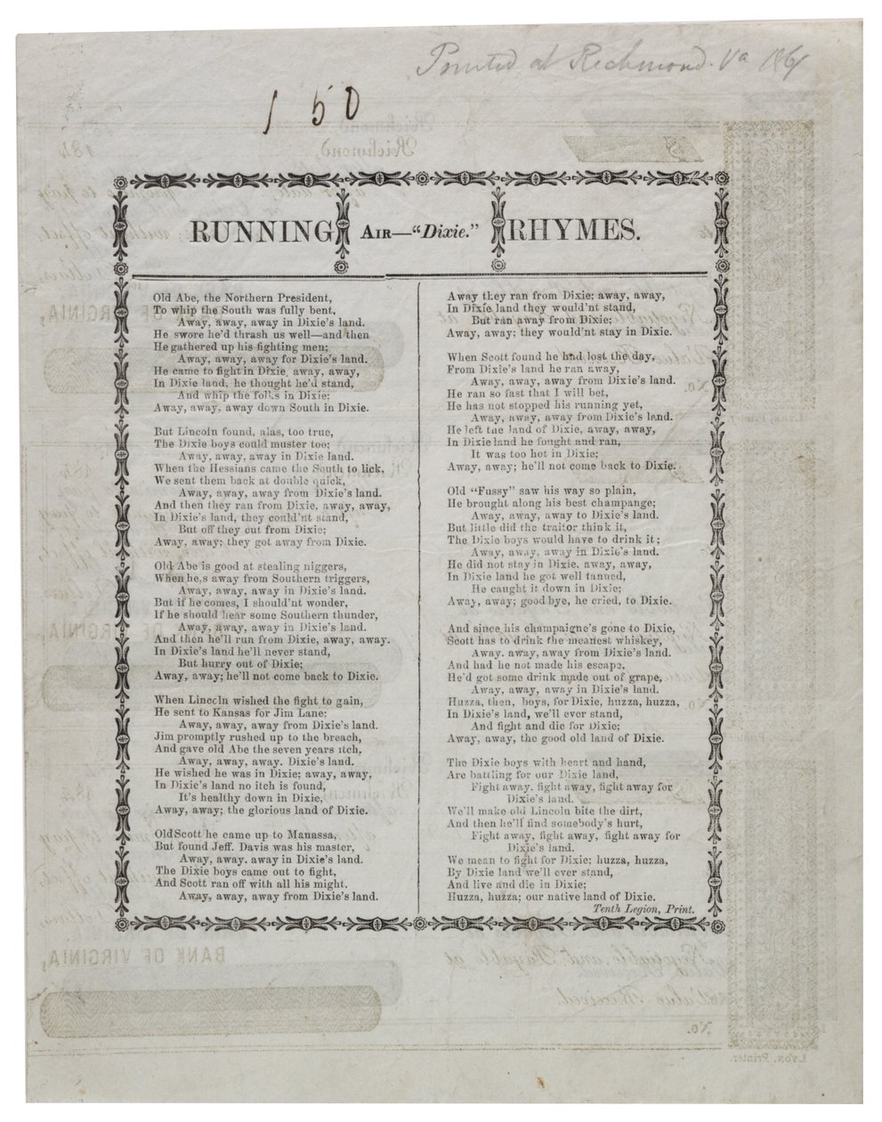 Dixie trykt på bagsiden af et ark checks, 1861 af American School