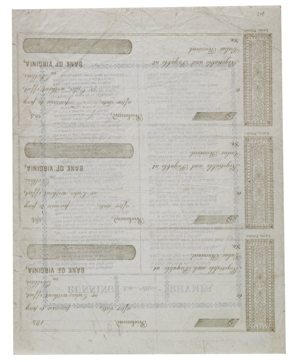 Dixie trykt på bagsiden af et ark checks, 1861 af American School