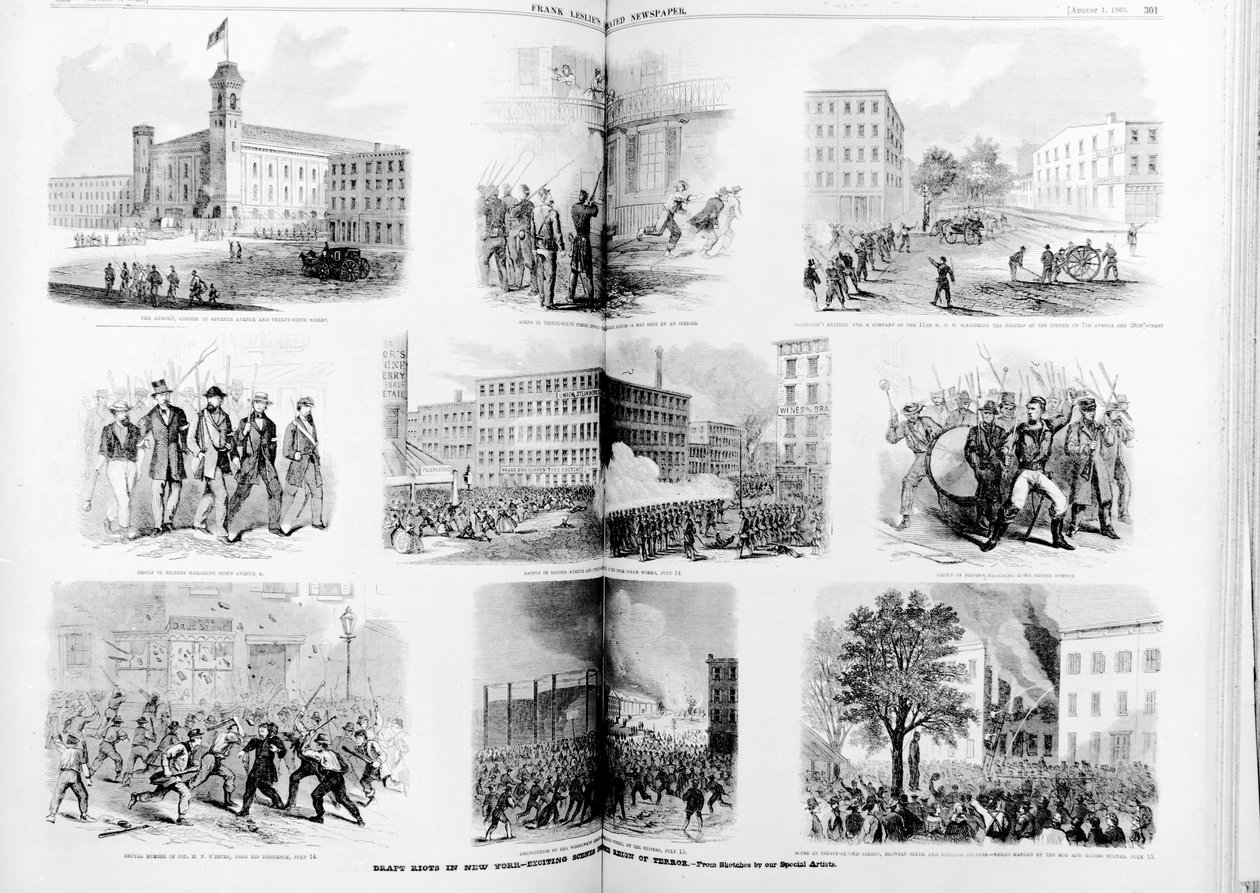 Udkast til optøjer i New York, spændende scener under terrorens regeringstid, 1863 af American School