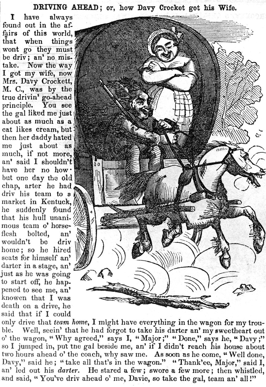 Driving Ahead, or How Davy Crockett get his Wife, fra Crocketts almanak for 1856, udgivet, New York, 1855 af American School