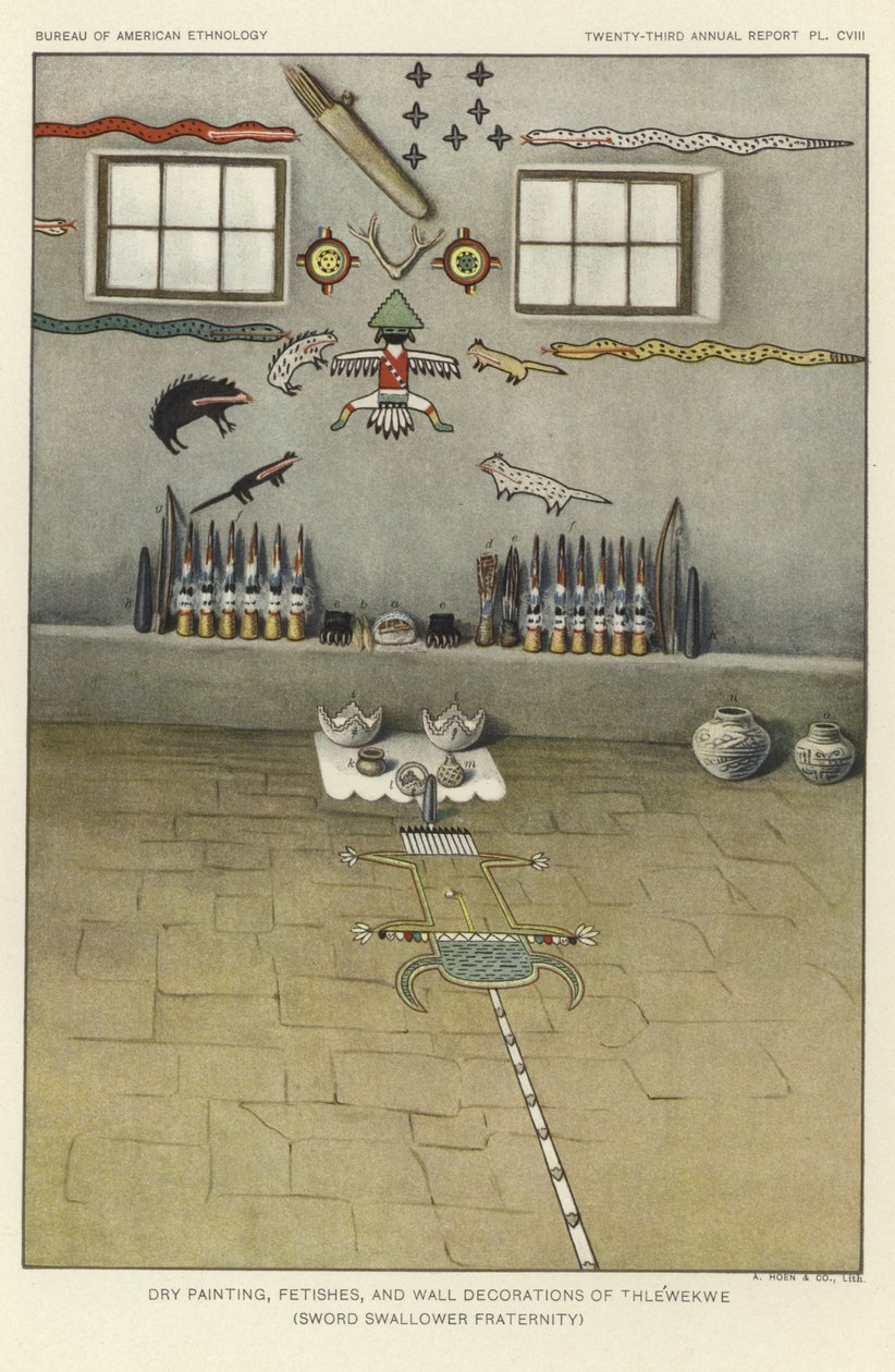 Tørmaleri, feticher og vægdekorationer fra Thlewekwe (sværdslugernes broderskab) (farvelitografi) af American School