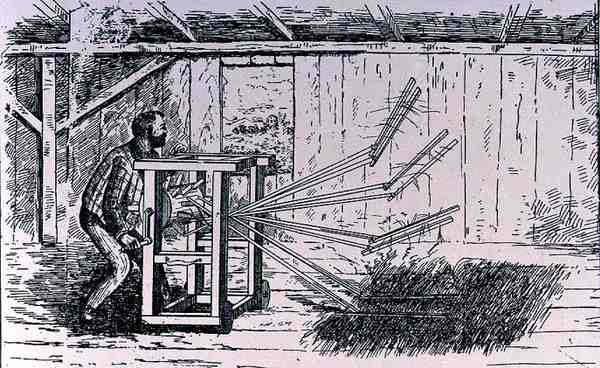 Tidlige forsøg på tærskemaskiner, illustration fra The Growth of Industrial Art, 1892, fra The Pageant of America, Vol.3, af Ralph Henry Gabriel, 1926 af American School