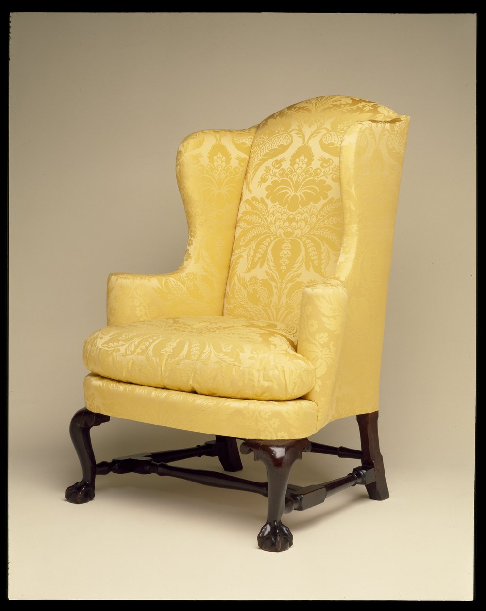 Hvilestol, ca. 1750-70 (mahogni, ahorn, kirsebær og gul silke) af American School