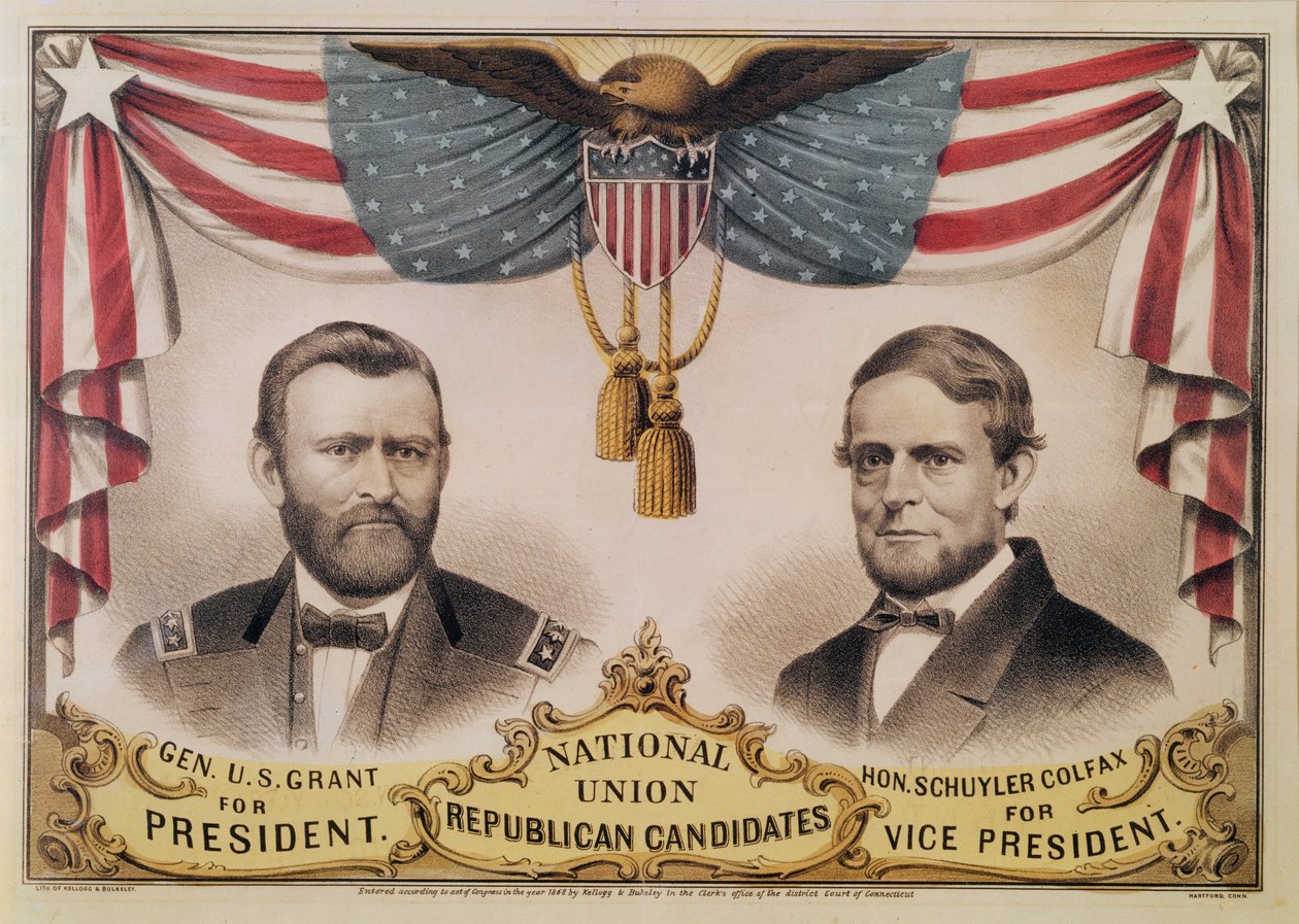 Valgplakat for U.S.A. præsidentvalget i 1868 forestillende Ulysses S. Grant og Schuyler Colfax, 1868 af American School
